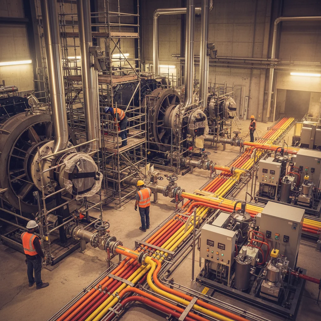 Inside an operating power plant where part of the main system is under upgrade while a clearly visible temporary bypass system of pipes and skid-mounted units keeps steam and fuel flowing, with engineers overseeing the work.