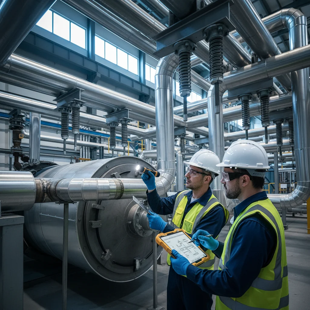 Mechanical engineers in safety gear carefully inspecting welds and support hangers on boiler drums and high‑energy piping inside a modern power plant boiler house before first pressurization.