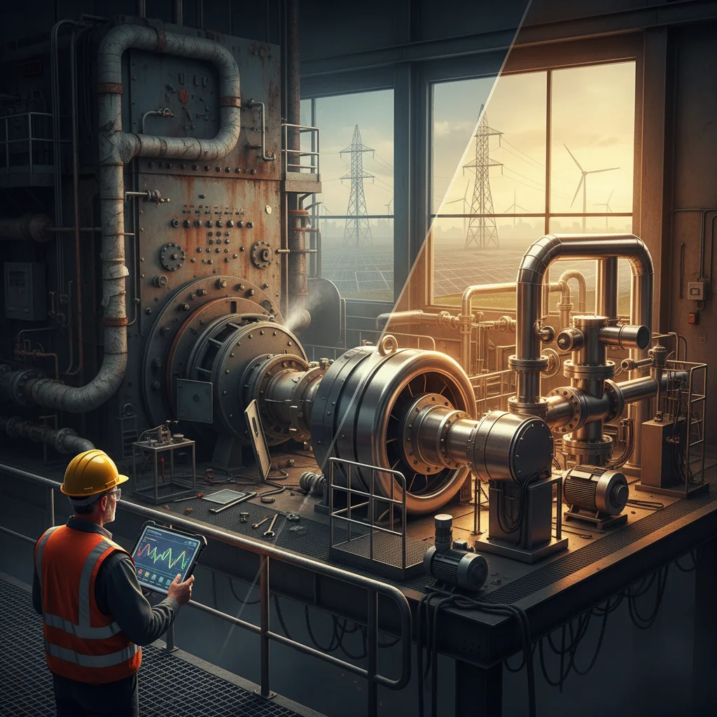 Editorial illustration of a mechanical engineer overlooking an Indian thermal power plant interior, with older, worn equipment on one side and upgraded, efficient turbines and piping on the other, symbolizing how mechanical solutions drive competitive advantage.