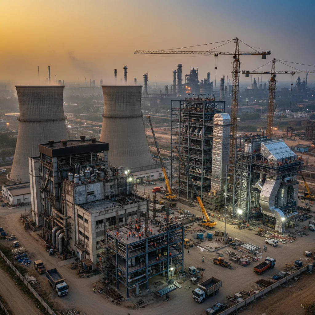 Illustrated aerial view of an aging Indian coal power plant undergoing major upgrades, with old weathered units beside modern new structures and active construction work at dusk.