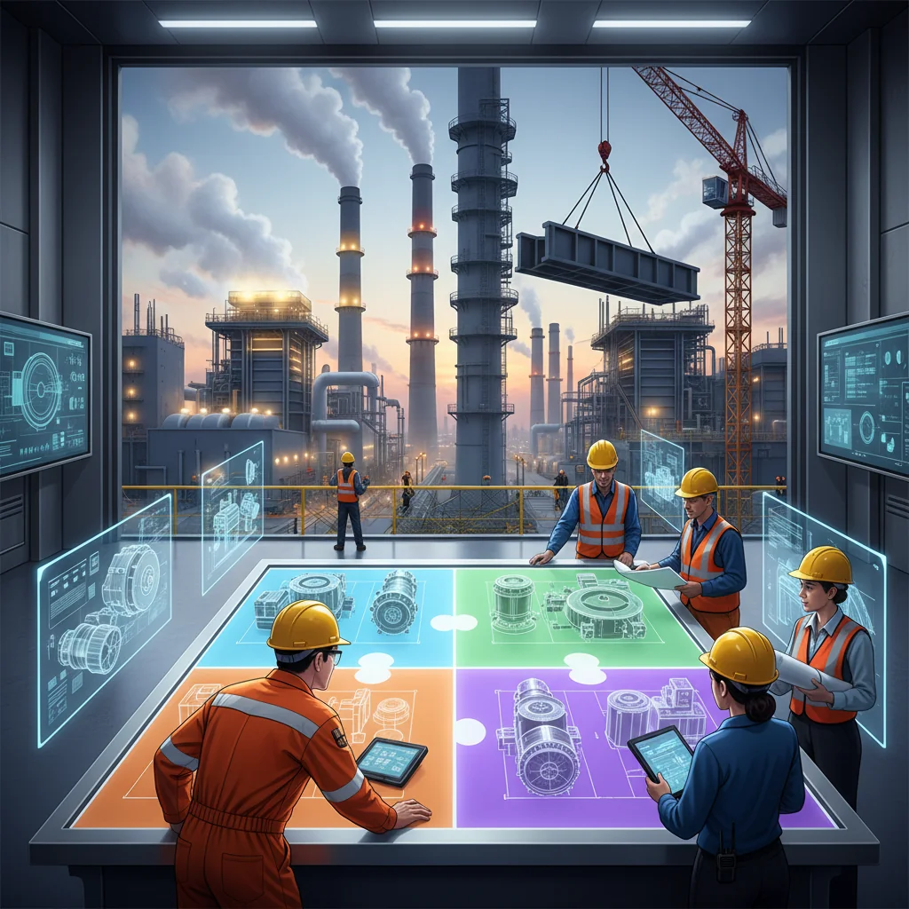 Editorial illustration of engineers and plant operators reviewing a four-phase upgrade blueprint for a power plant while parts of the facility continue running and other sections are under carefully planned construction.