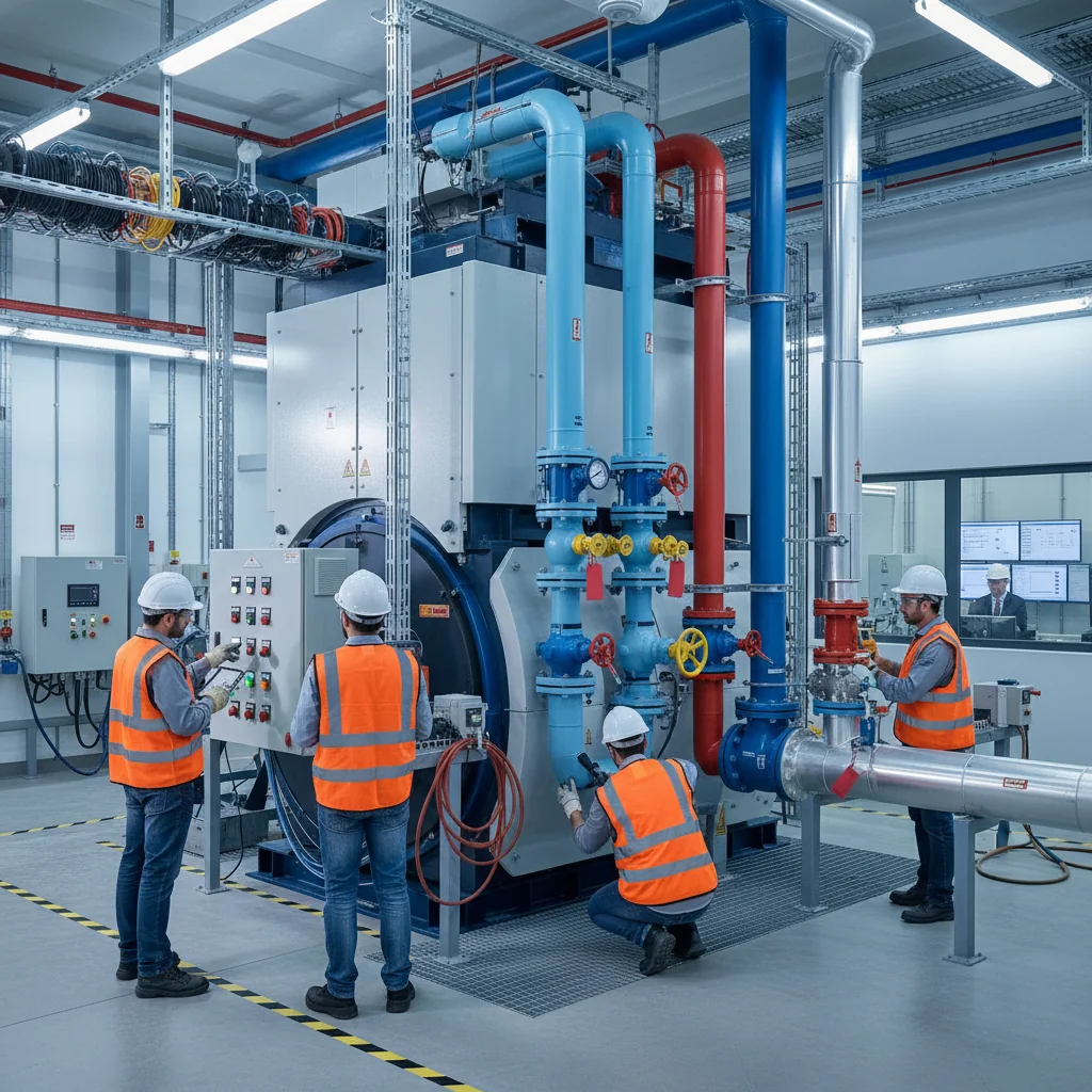 Engineers and technicians in safety gear commissioning a large industrial boiler inside a new plant, inspecting valves and reading instruments around a modern steam-generating system.