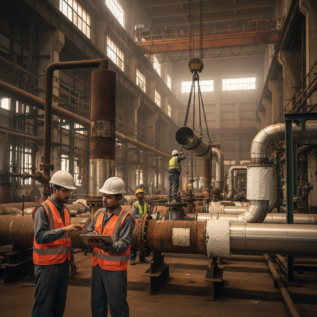 Engineers in an Indian coal-fired power plant inspect and replace aging high-pressure steam piping with new, robust sections, contrasting old patch repairs with modern mechanical retrofits.