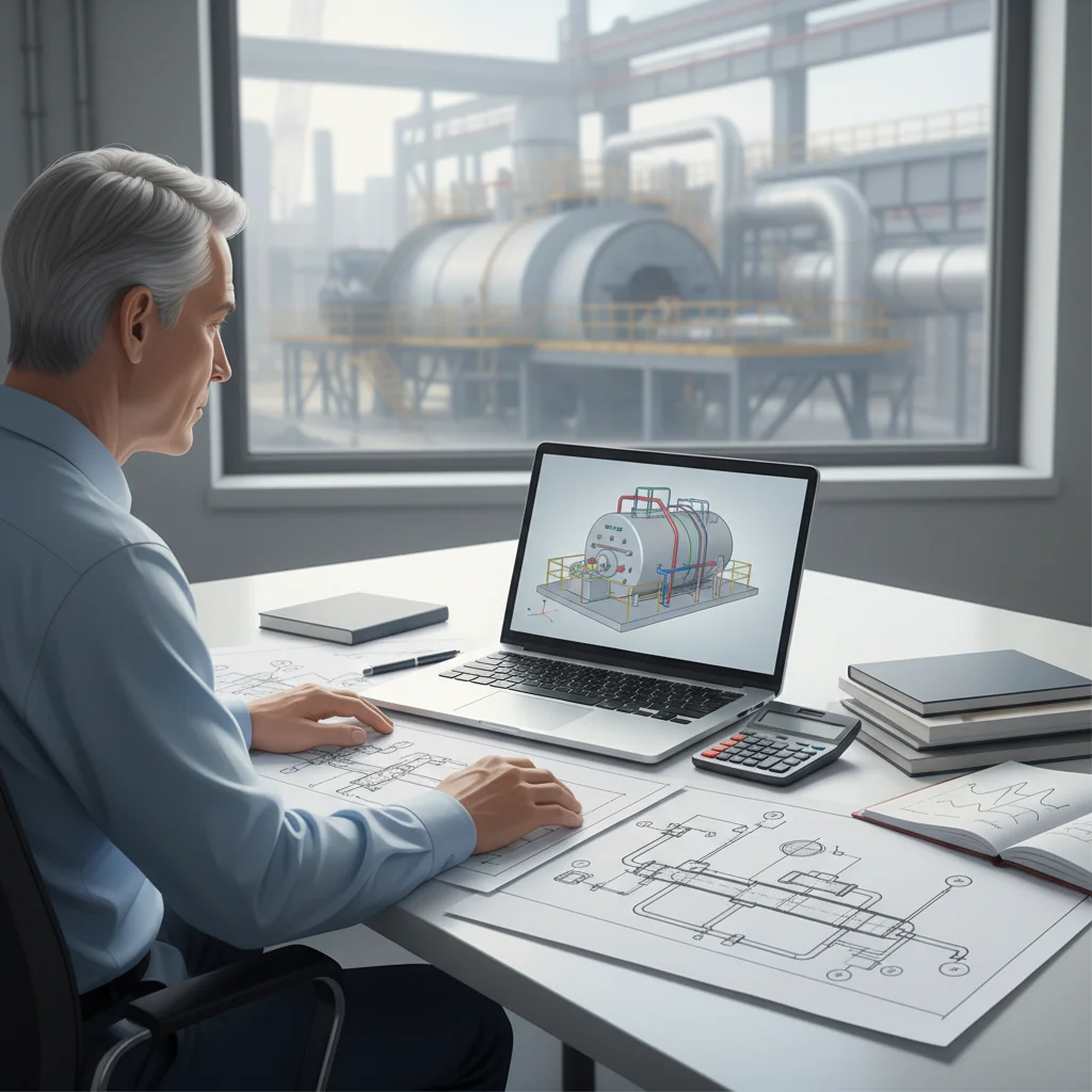 Engineering office scene where an engineer compares boiler system drawings and digital models at a desk, with an industrial boiler installation visible through a window in the background.
