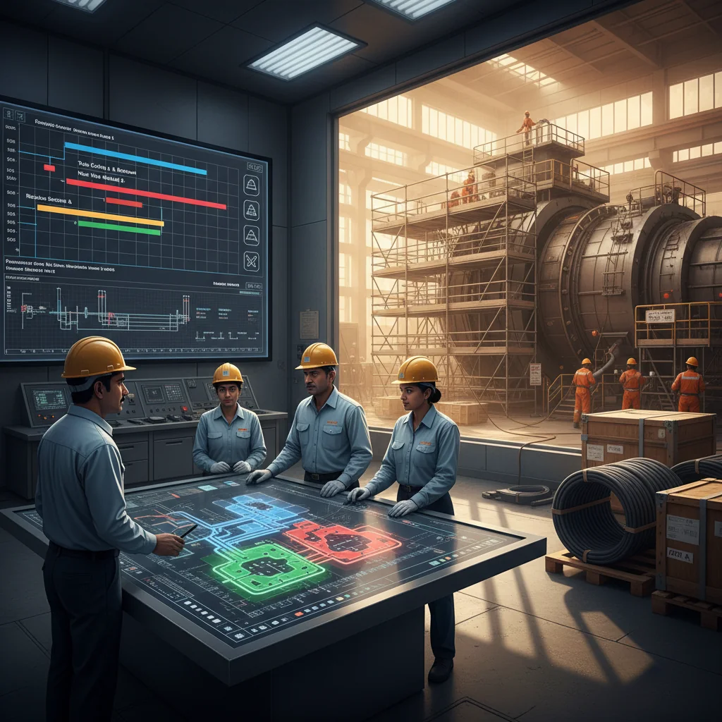 Editorial illustration of a power plant maintenance team planning a boiler outage on a digital model while, through a window, technicians replace boiler tubes in a well-organized shutdown.