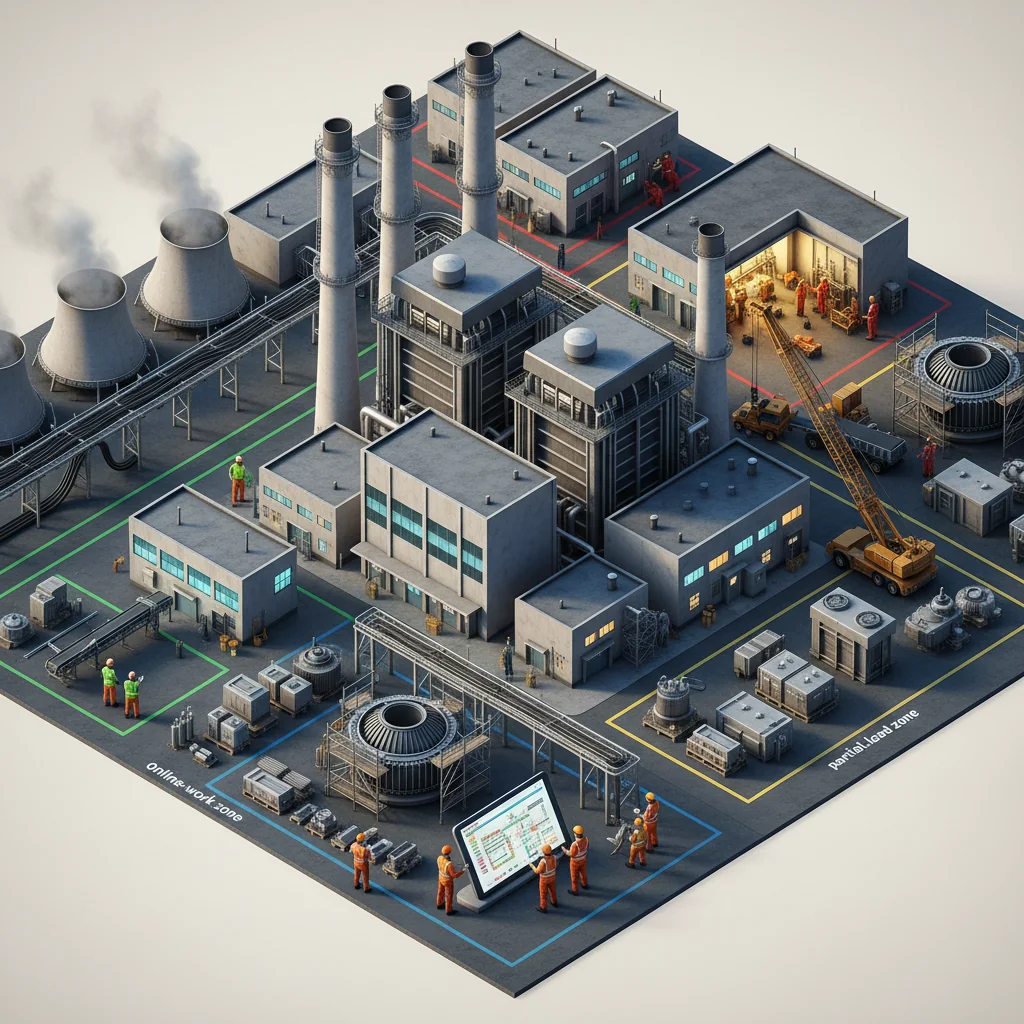 Illustrated aerial view of a modern power plant where different areas show staggered retrofit work phases, with some zones fully active, some partially shut down, and one small area in complete outage while engineers coordinate using digital plans.