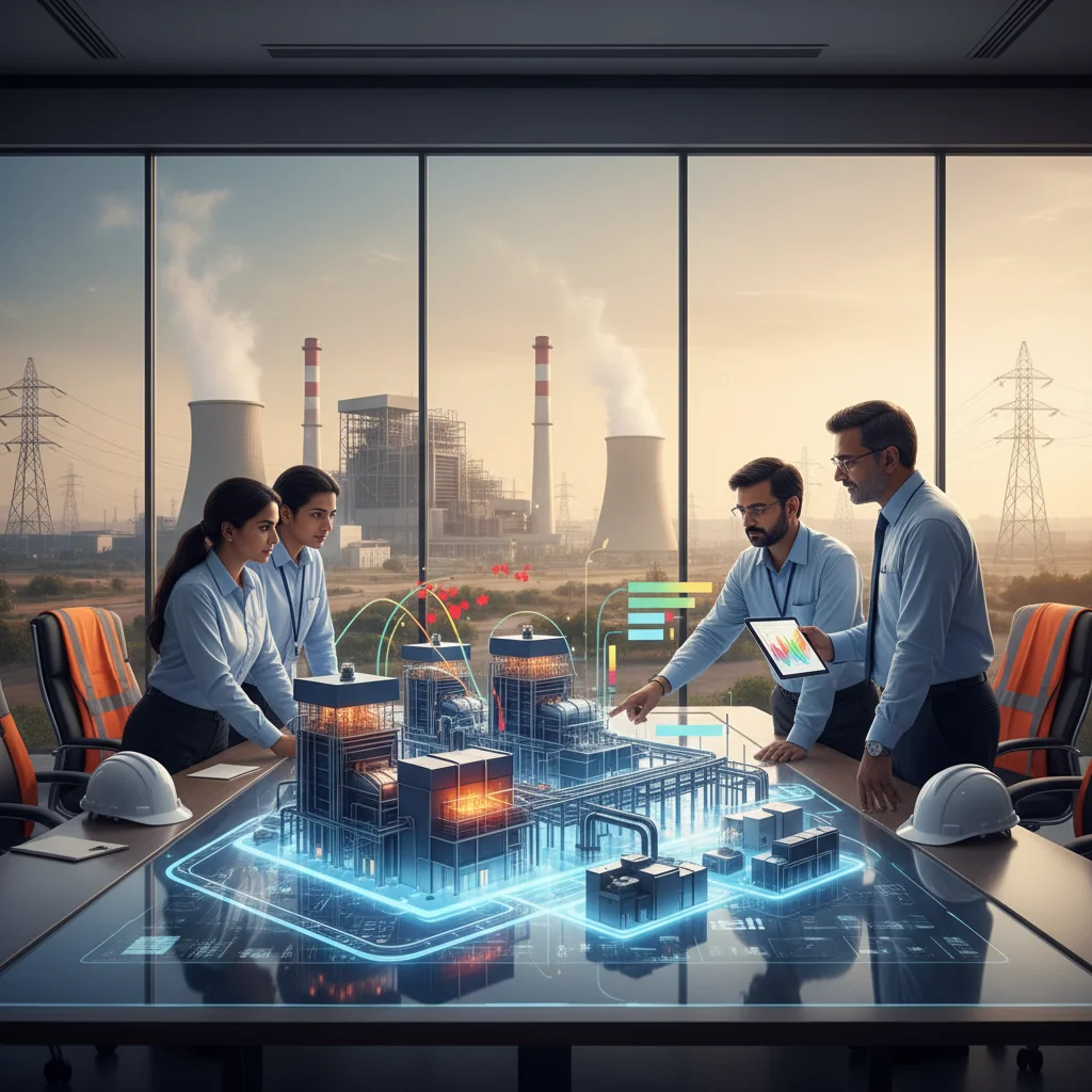 Indian engineering team in a glass-walled room overlooking a thermal power plant, studying a glowing 3D model of the plant with highlighted upgrade zones, symbolizing a structured, data-led, multi-year power plant upgrade plan.