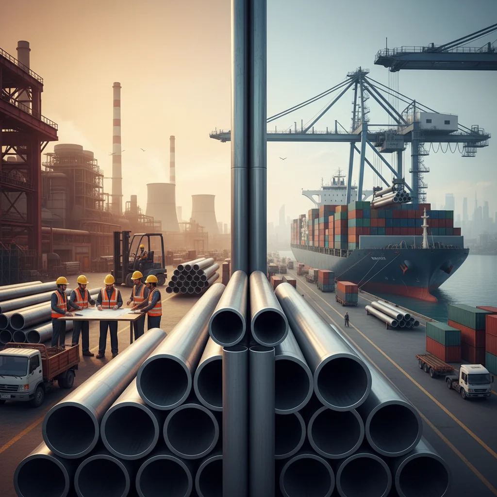Editorial split-screen illustration comparing locally sourced boiler tubes from Indian mills with imported tubes arriving by ship, set against power plant and port backdrops to highlight cost and logistics trade-offs.