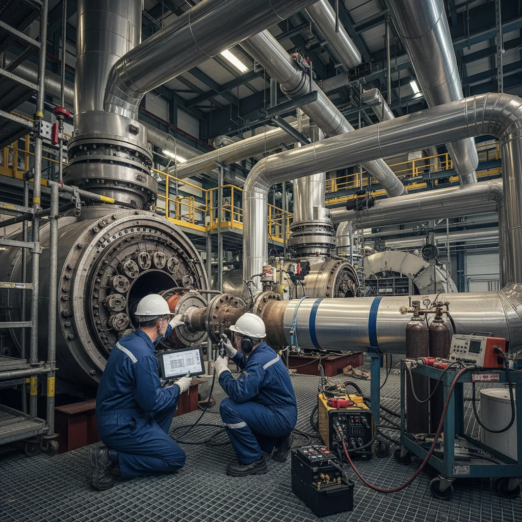 Engineers in full protective gear inspecting a large industrial boiler and high-pressure piping inside a power plant during a planned outage, with scaffolding, inspection tools, and welding equipment set up around exposed boiler components.