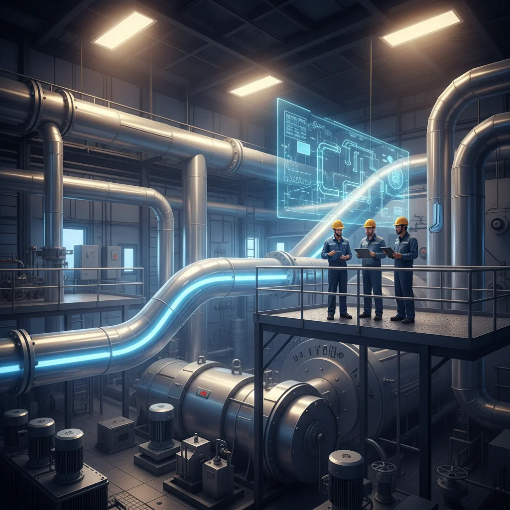 Illustrated interior of a modern power plant turbine hall in India, showing engineers reviewing redesigned steam and condensate piping layouts around a turbine and condenser to improve efficiency.