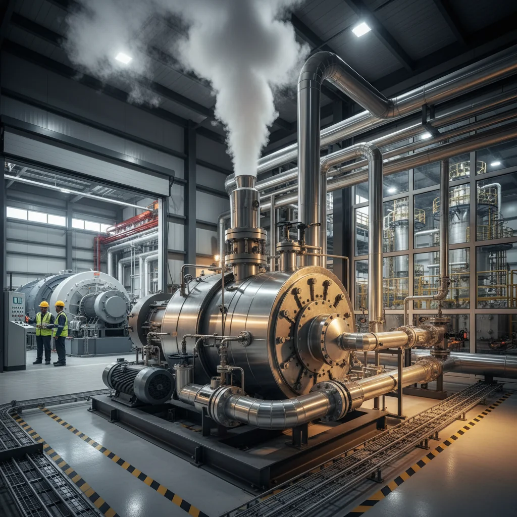 Editorial illustration of a modern industrial boiler installation at the center of a facility, with steam lines feeding a power plant turbine area on one side and a chemical processing zone on the other, emphasizing industrial steam generation as the core of multiple industries.