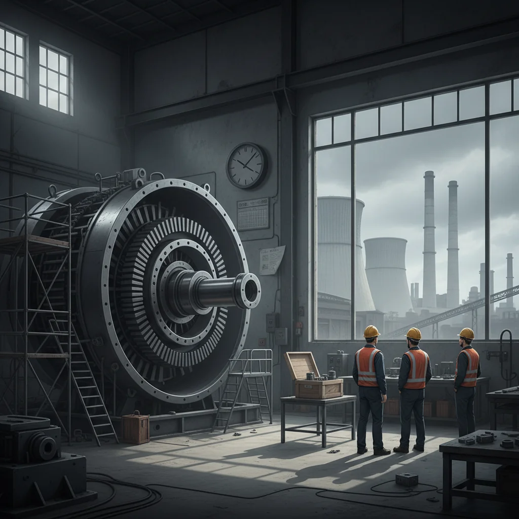 Editorial illustration of an idle power plant turbine hall where a massive generator is disassembled for an upgrade, engineers standing by while the smokestacks outside sit silent, highlighting that downtime rather than equipment is driving the true cost.