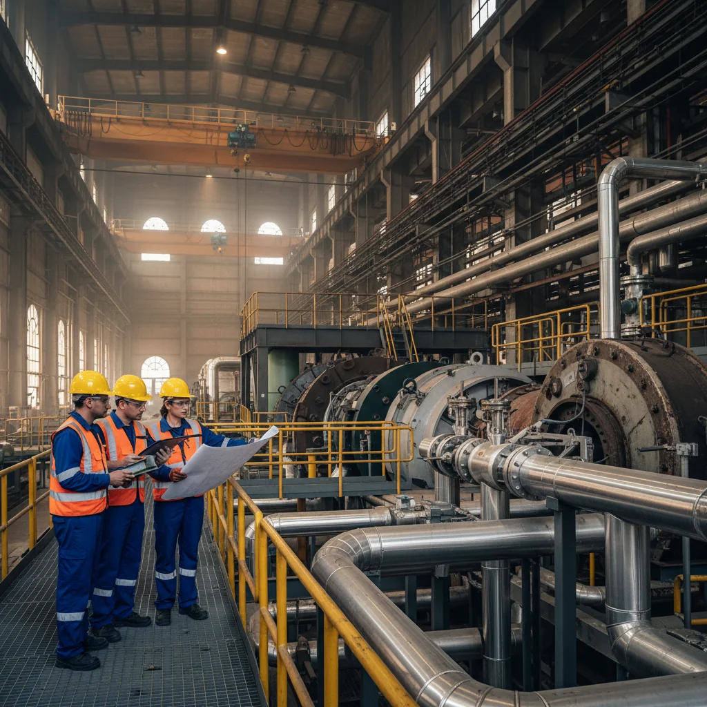 Engineers from an industrial construction company in an Indian power plant review plans while overseeing precise installation of complex high-pressure piping around an existing turbine during an upgrade project.