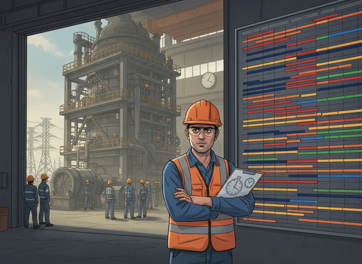 Industrial engineer in an Indian power plant critically examining an unrealistically compressed maintenance schedule in front of a large high-pressure boiler hall, highlighting the risk of overpromised timelines without real power-plant experience.