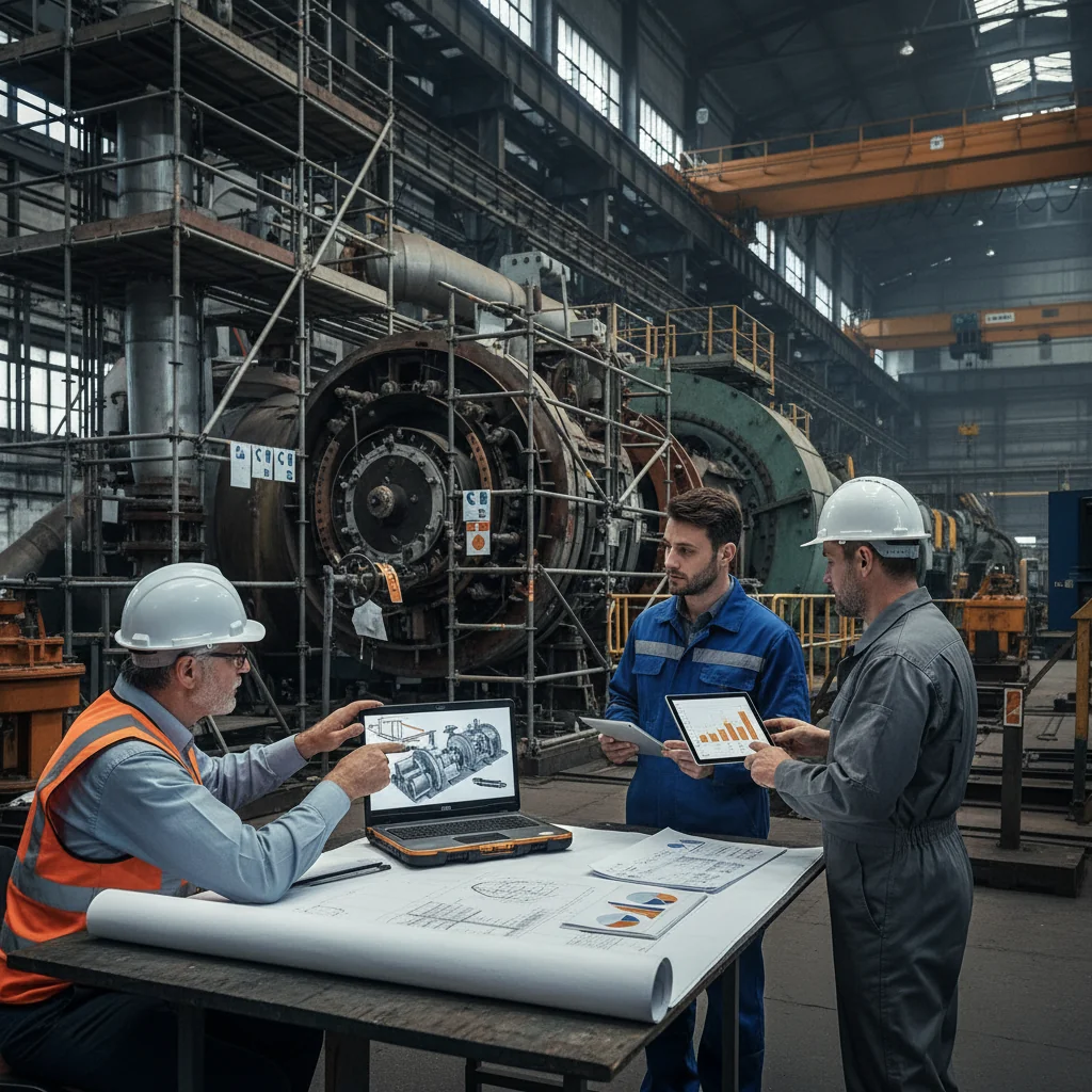 Plant engineers in safety gear review upgrade proposals with mechanical contractors at a temporary table inside an aging power plant during a planned outage, surrounded by exposed boiler and piping systems ready for retrofit.