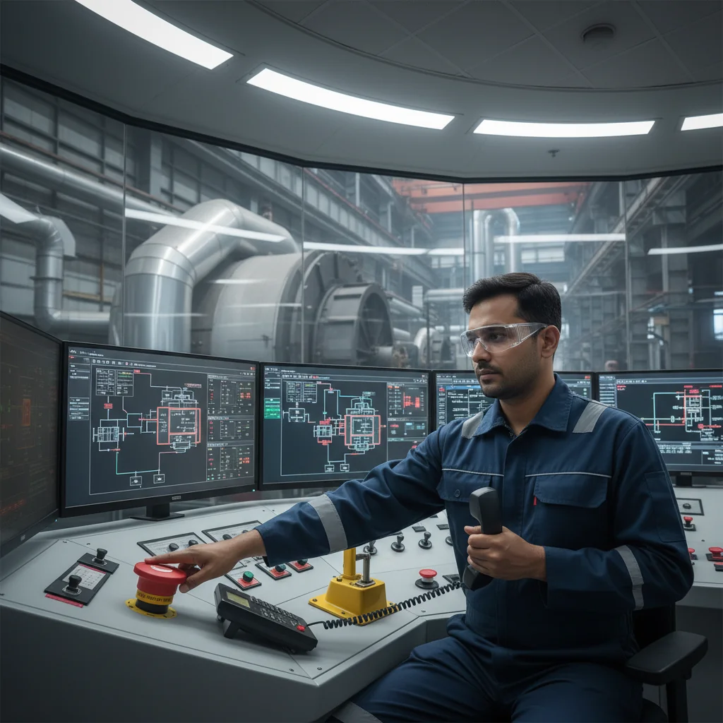 Control room operator in a modern power plant pressing a boiler emergency shutdown button while reaching for an intercom, with glowing control screens and industrial boiler equipment visible behind glass.