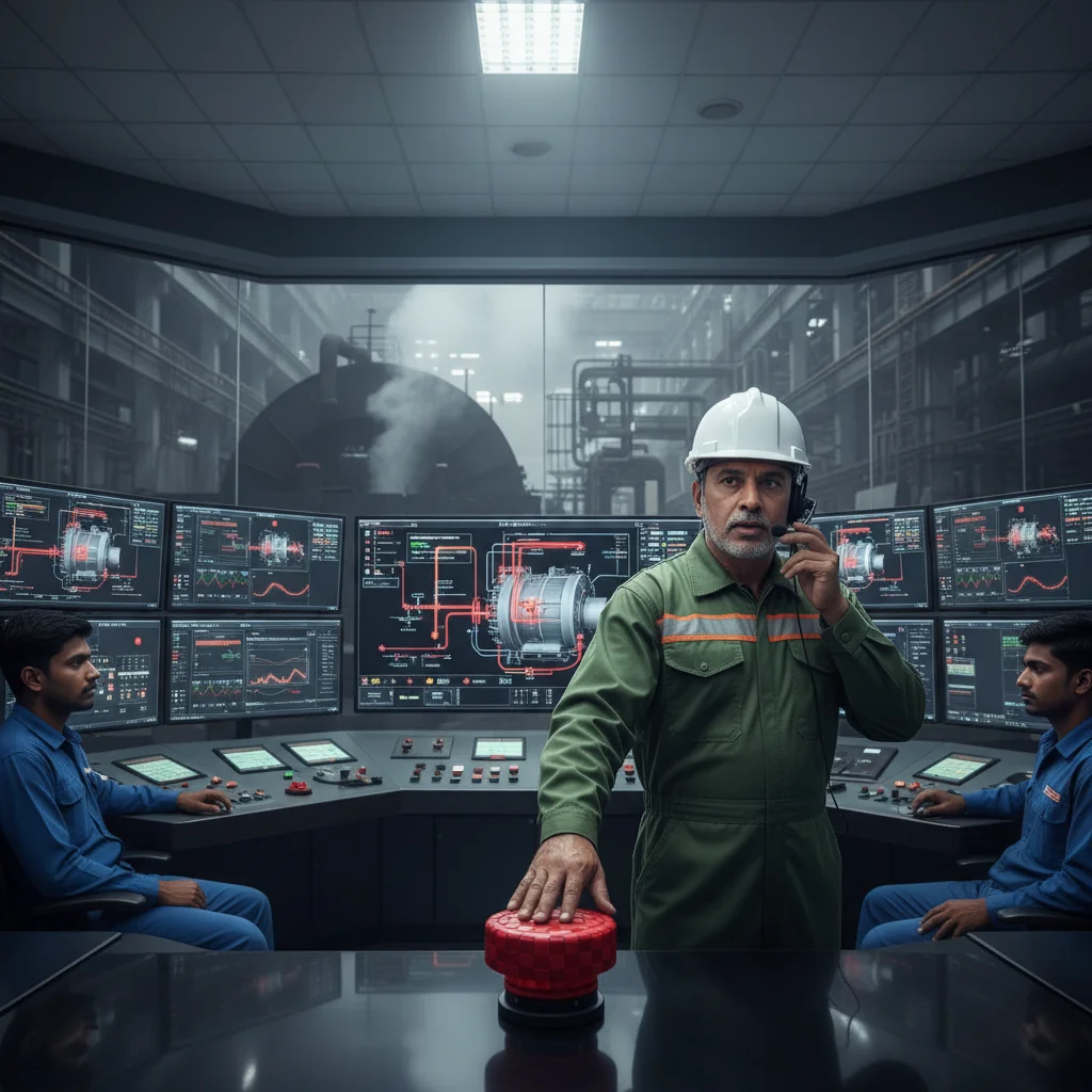 Industrial power plant control room in India where a lead operator initiates an emergency steam boiler shutdown at a control desk while other operators monitor boiler status on multiple screens.