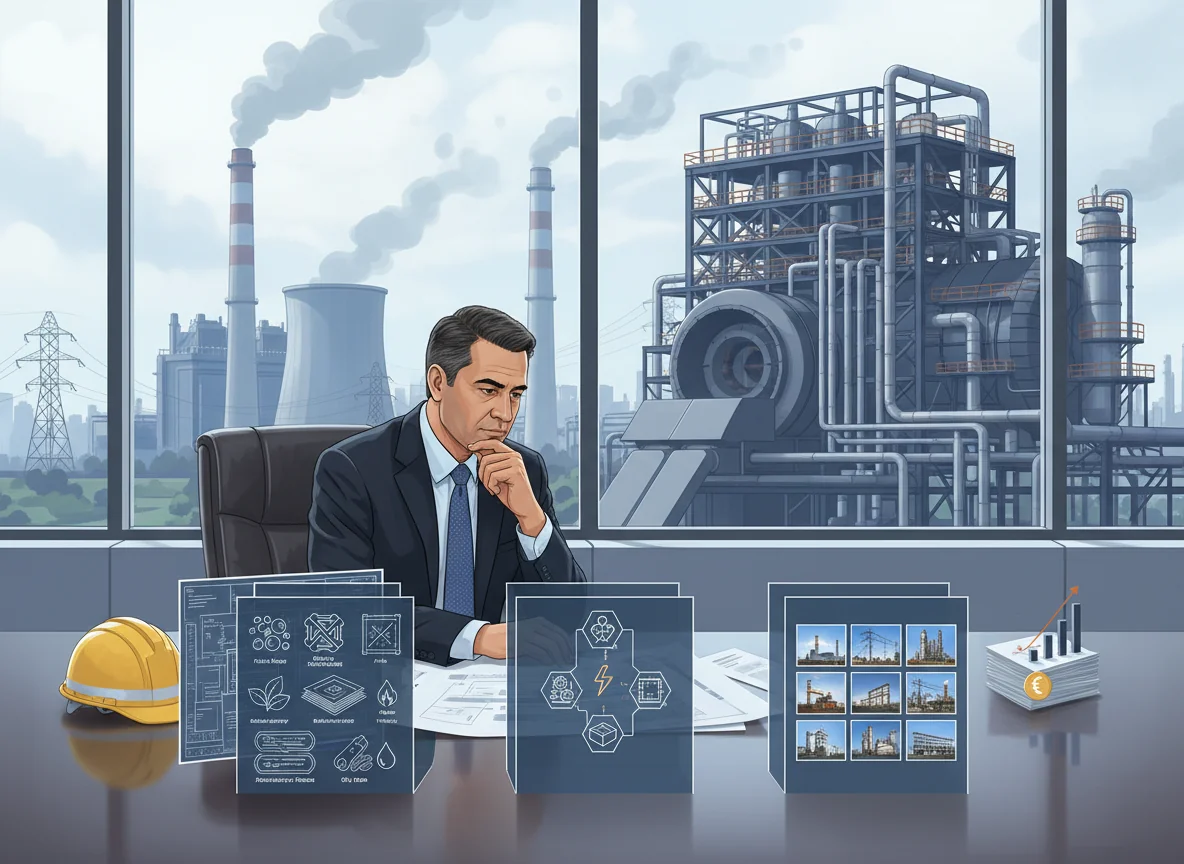 Industrial plant manager in India reviewing technical and project documents in a modern conference room overlooking a boiler plant, visually comparing technical depth, multi-disciplinary capability, and track record of different boiler installation companies.
