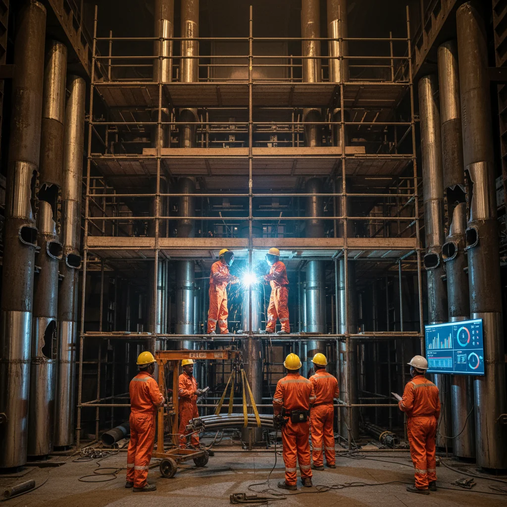 Technicians on scaffolding inside a large Indian power plant boiler replace and weld tubes while a supervisor monitors costs on a digital display, illustrating the complex drivers of boiler tube replacement cost.