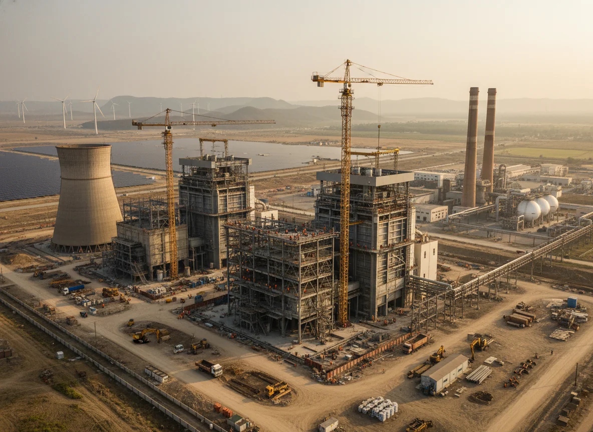 Modern coal power plant in India with new high-efficiency units under construction beside older units, and distant solar panels and wind turbines suggesting a gradual shift in the power mix.
