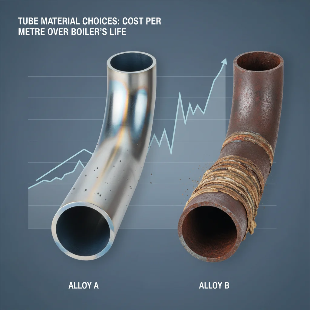 Visual for 2. How do tube material choices change cost per metre over the boiler’s life?