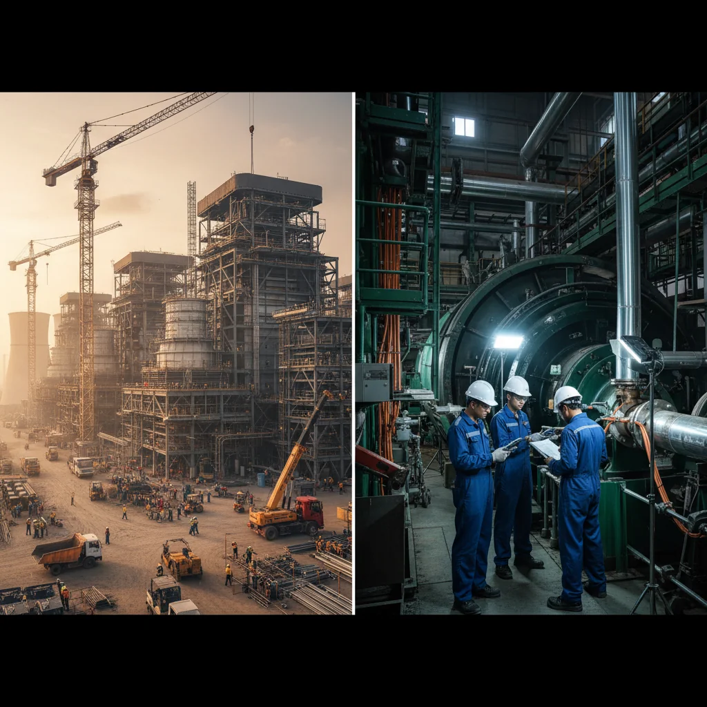 Split-screen illustration comparing a large EPC contractor building a new power plant on one side and a specialist team performing precise retrofit work inside an existing industrial plant on the other.