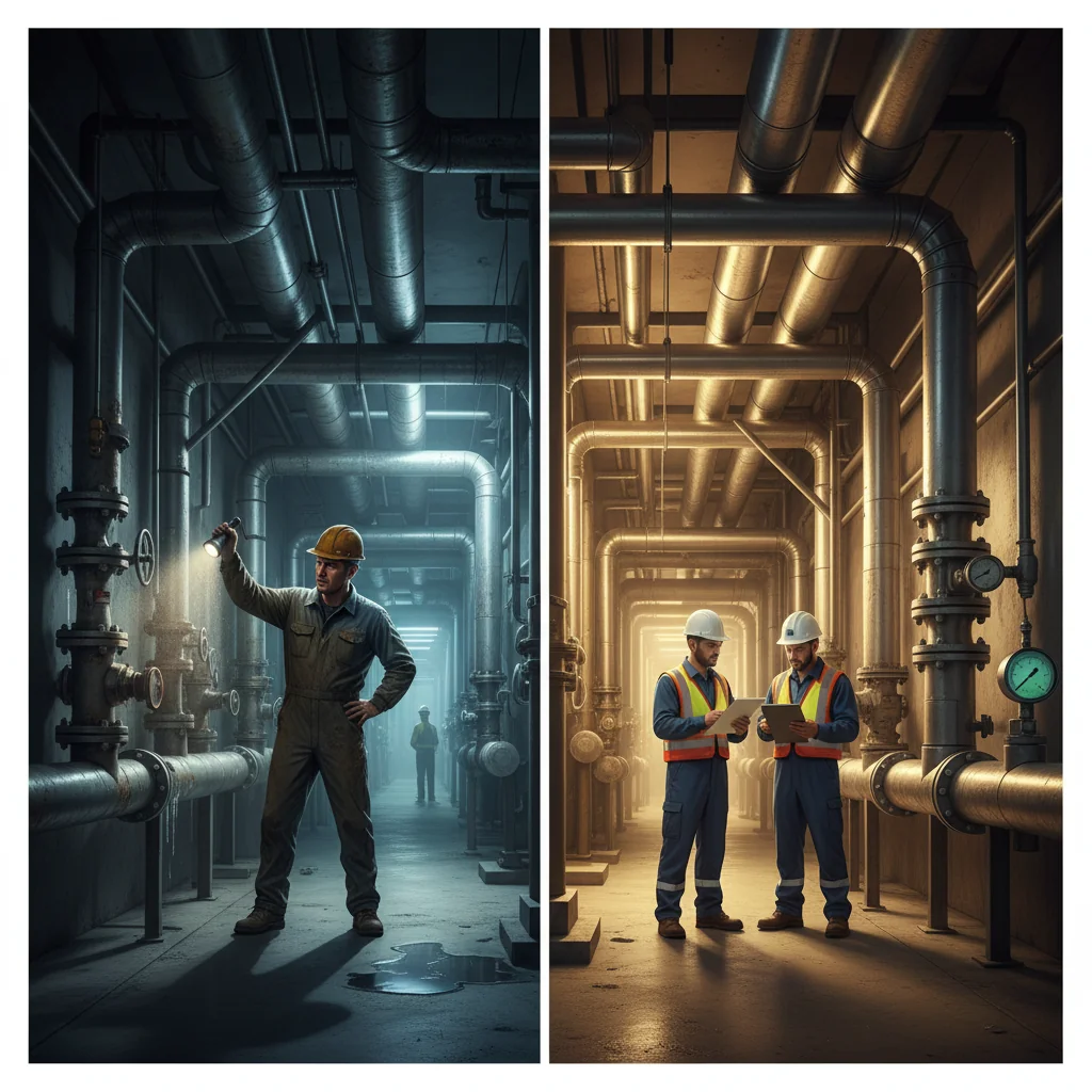 Editorial illustration of an industrial plant piping corridor split into two contrasting halves, one showing leaking, poorly maintained pipes and the other showing clean, well-installed piping inspected by professional contractors.