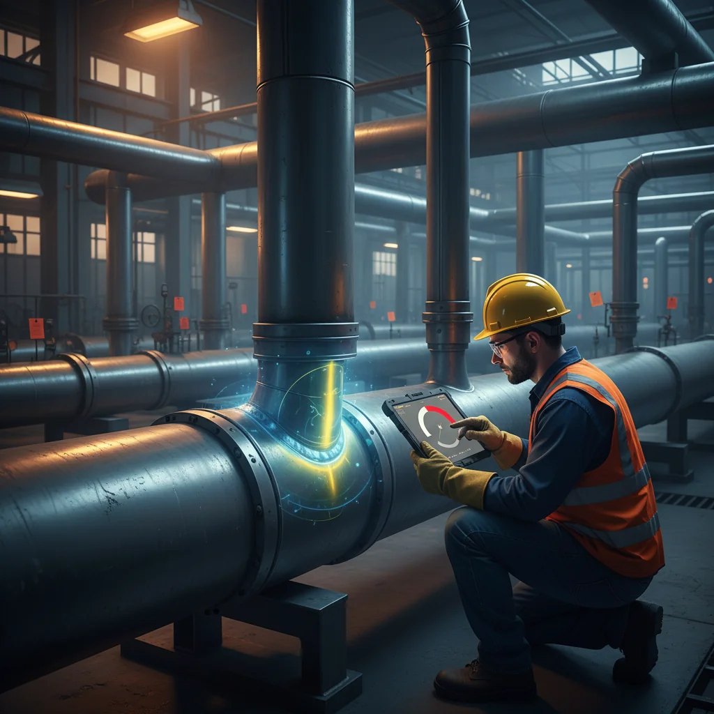Editorial illustration of an inspector examining a highlighted weld on large industrial piping, with a small red gauge on a tablet suggesting weld repair rate as an early warning signal.