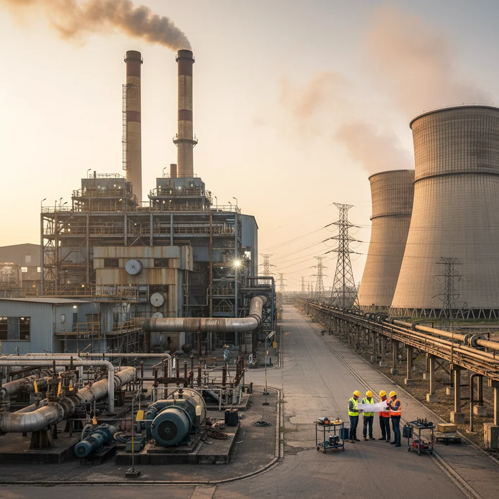 Editorial illustration of an aging 500 MW thermal power plant in India operating while crews plan and perform phased upgrades, with visible wear on equipment, emissions from tall stacks, and engineers reviewing long-term maintenance plans on site.