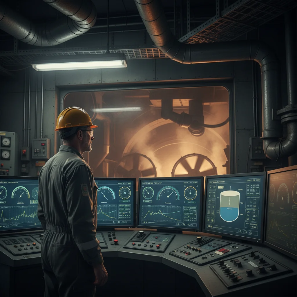 Control room engineer in a power plant carefully monitoring screens that show air, draft, water level, and pressure stabilizing after a boiler shutdown, with a dim furnace and active ventilation visible in the background.