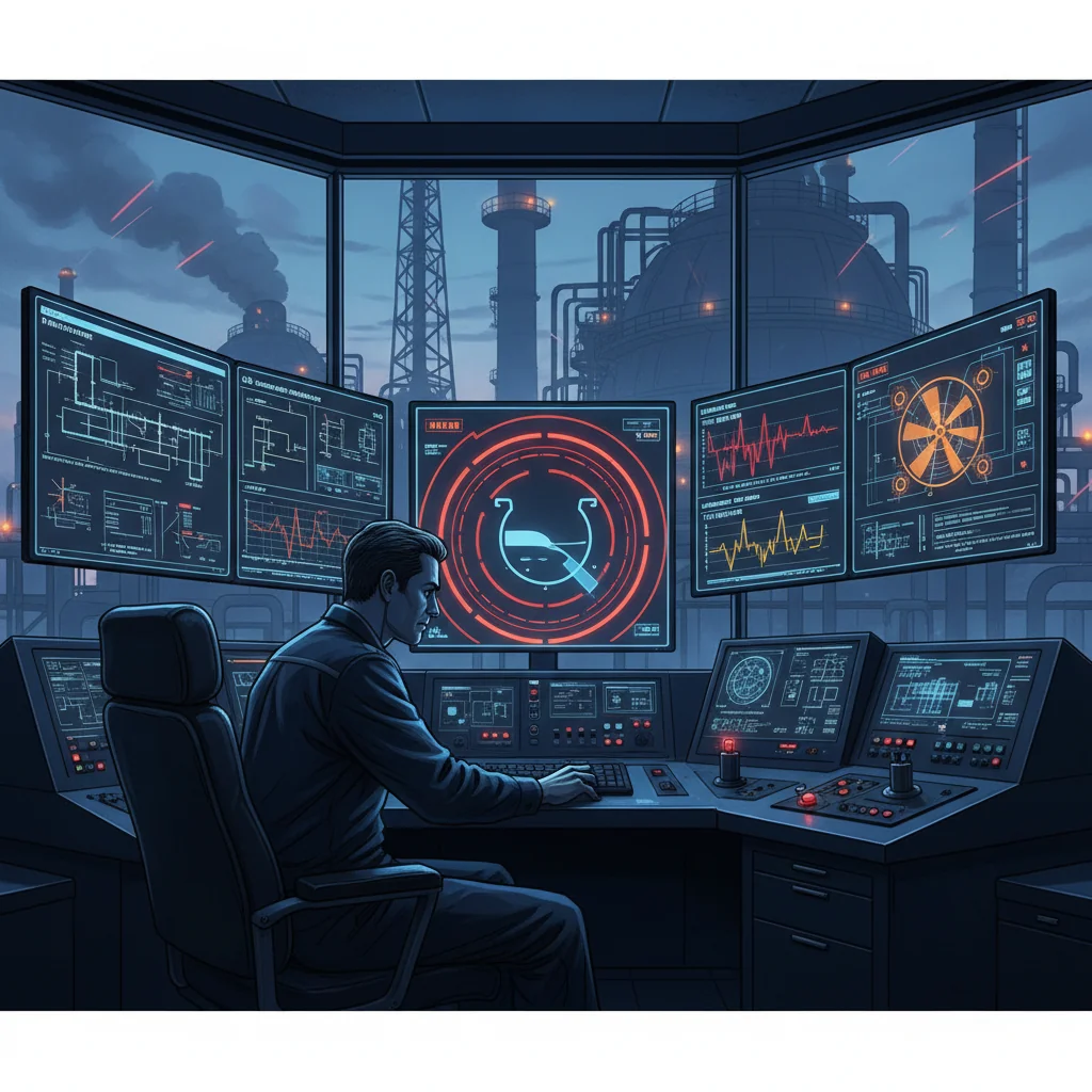 Control room operator in a modern power plant urgently monitoring boiler screens that show dangerous trends and alarms, reaching toward an emergency shutdown control, with the industrial boiler visible through a window in the background.