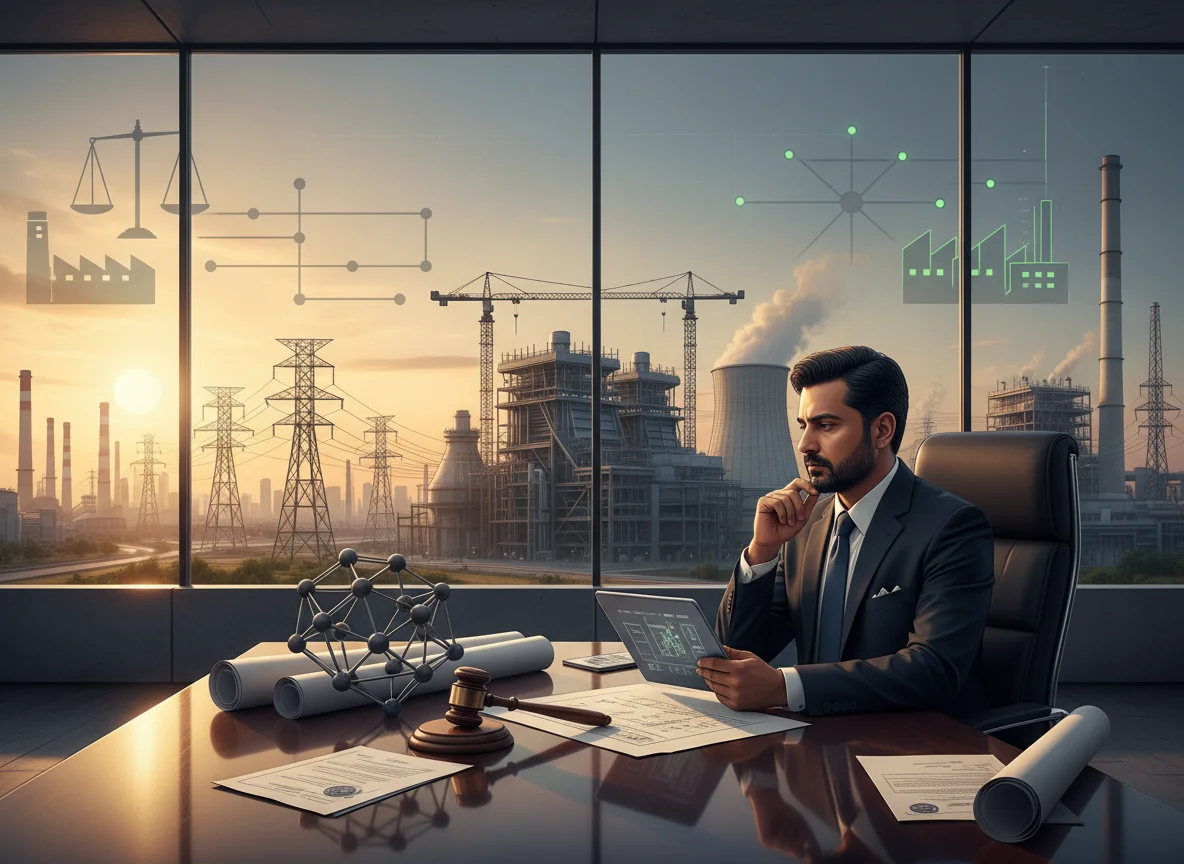 Editorial illustration of an Indian energy investor in an office overlooking a thermal power plant under construction, with subtle symbols of regulation and carbon policy in the background.
