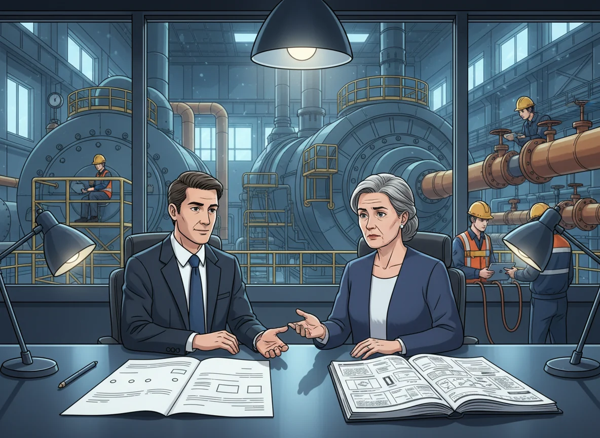 Power plant engineering manager in a control room comparing a thin, vague industrial boiler service proposal with a thick, detailed technical scope while a complex boiler installation and maintenance work is visible through windows in the background.