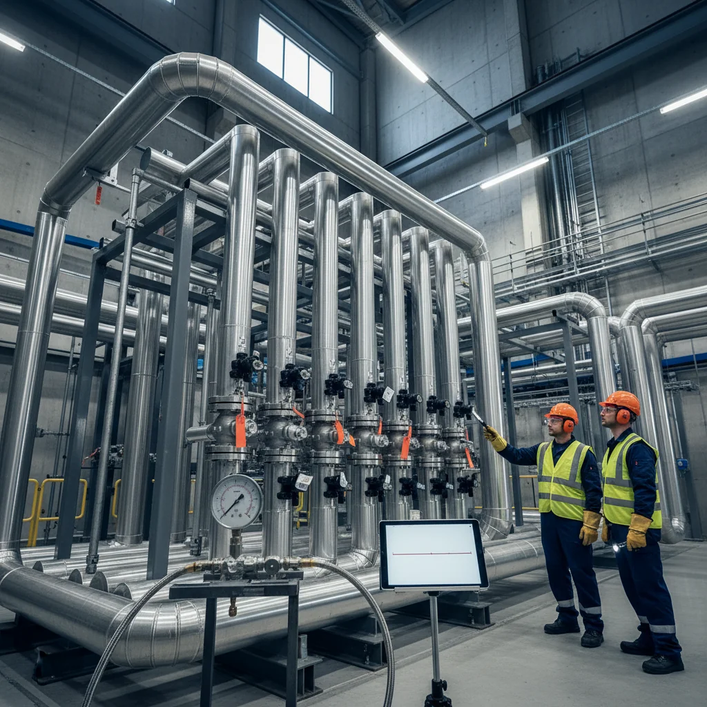 Industrial piping system in a power plant undergoing a hydrostatic pressure test, with a steady pressure gauge, two contractors inspecting leak points, and clean, well-installed pipes conveying proven system integrity.