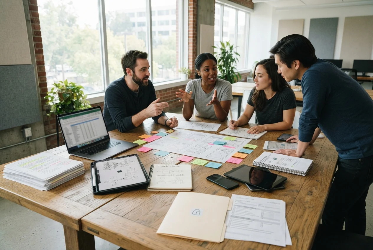Product team in a modern office gathered around a table covered with artifacts representing different AI project cost factors, such as data, models, integrations, and compliance, discussing a custom AI app concept.