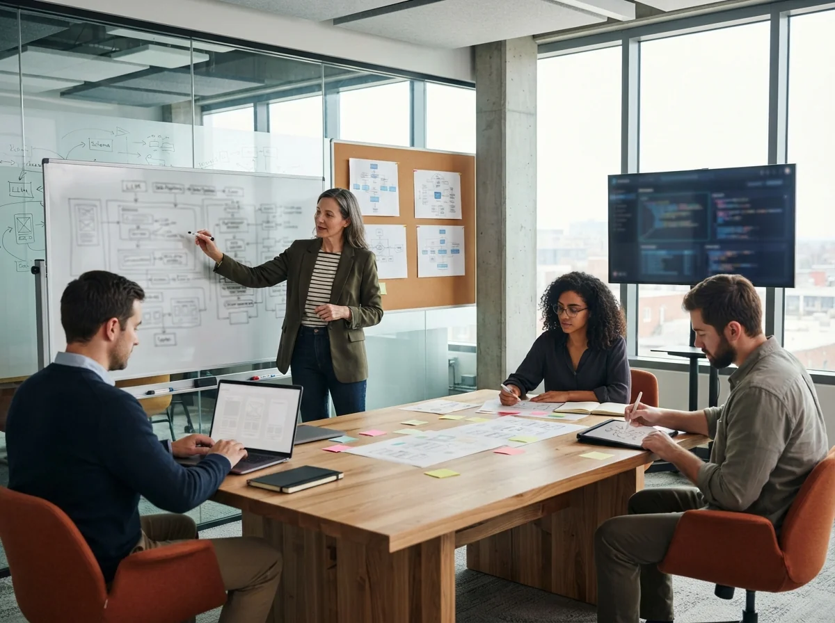 Product engineers in a modern studio collaborating around a whiteboard and laptops, mapping out a multi-layered AI application from LLM features down to data infrastructure.