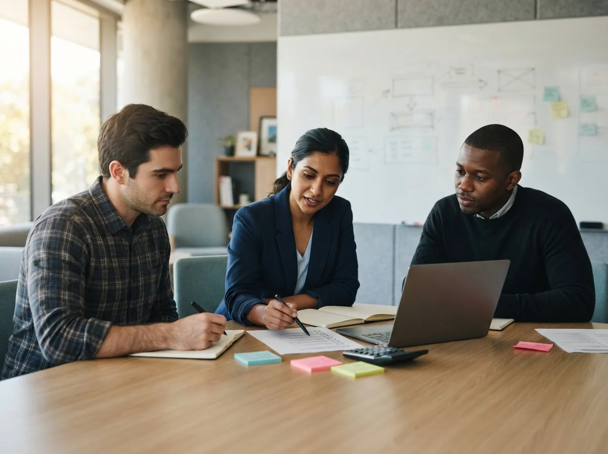 Team of AI professionals reviewing printed checklists and cost notes around a conference table, suggesting structured evaluation, safety guardrails, and budget control for an AI product.