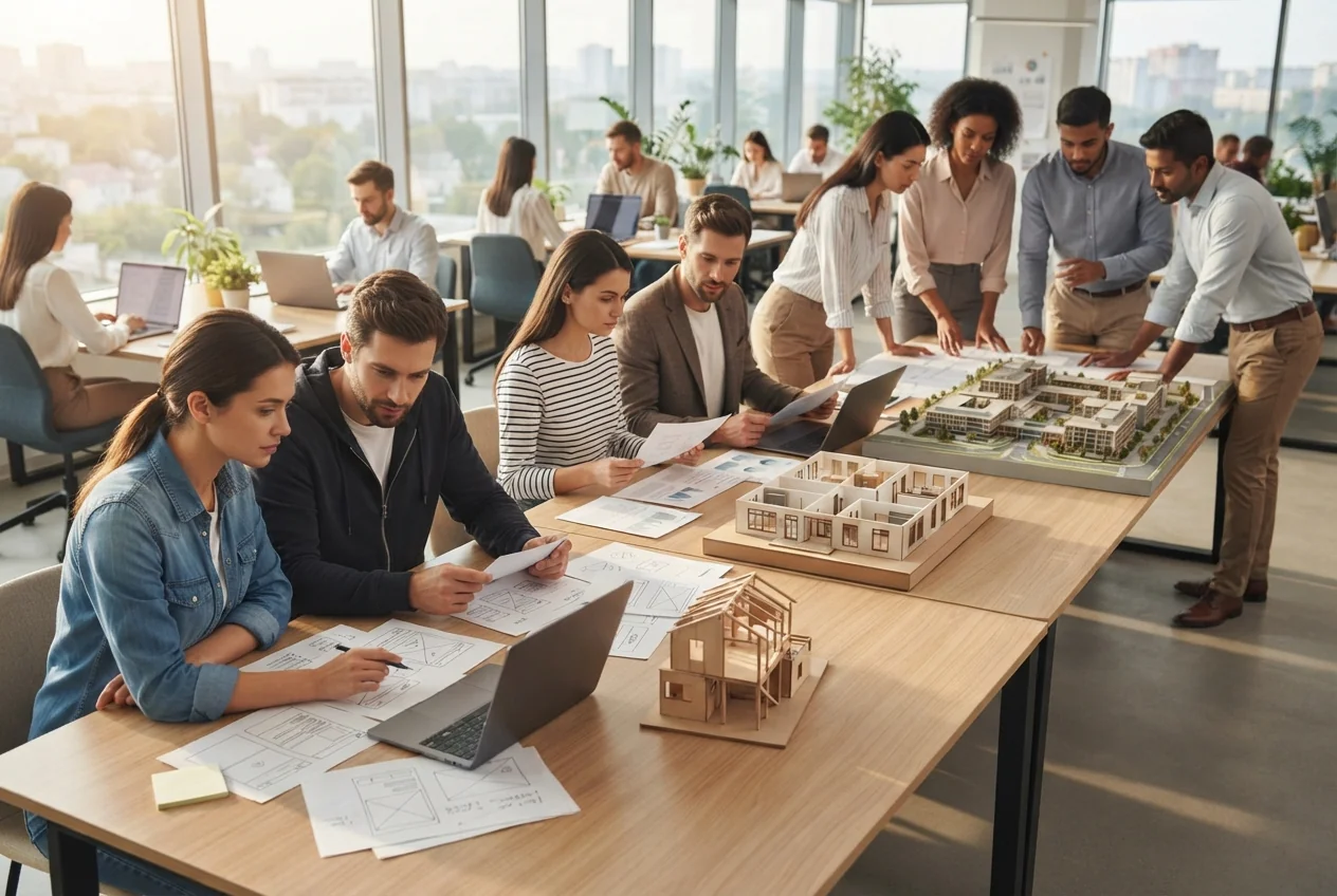 A modern office scene showing three groups at one long table, each working with increasingly complex architectural models to represent different software budget tiers from prototype to full enterprise platform.