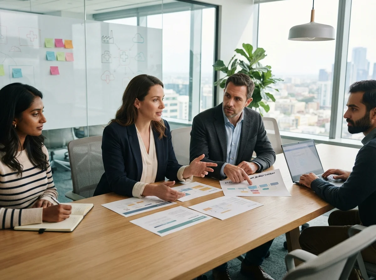 B2B client and AI consulting team in a bright conference room reviewing workflows and industry-specific requirements together.
