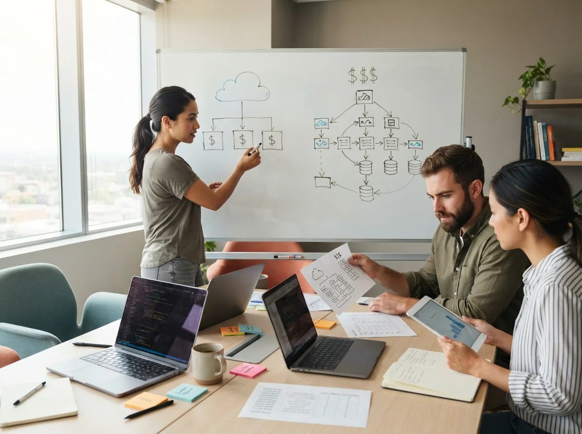 AI product team in a bright meeting room discussing different system architectures on a whiteboard, comparing how model choices affect development and operating costs.
