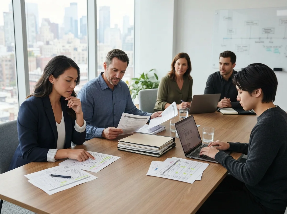 B2B leaders in a modern conference room carefully reviewing printed score sheets and proposals while meeting with representatives from an AI development company.