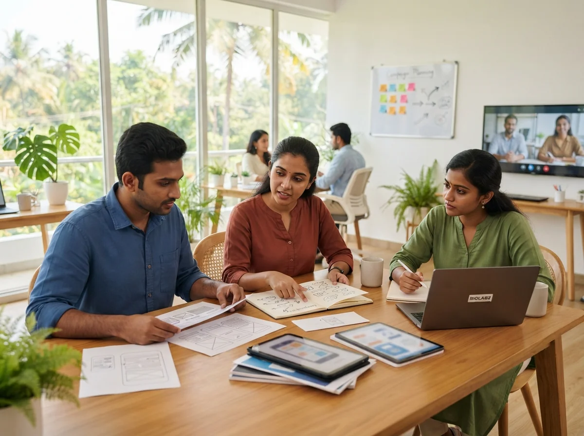 Team of digital marketers and developers in a bright Kerala coworking office collaborating on web and mobile marketing campaigns, with a video call to overseas colleagues in the background.