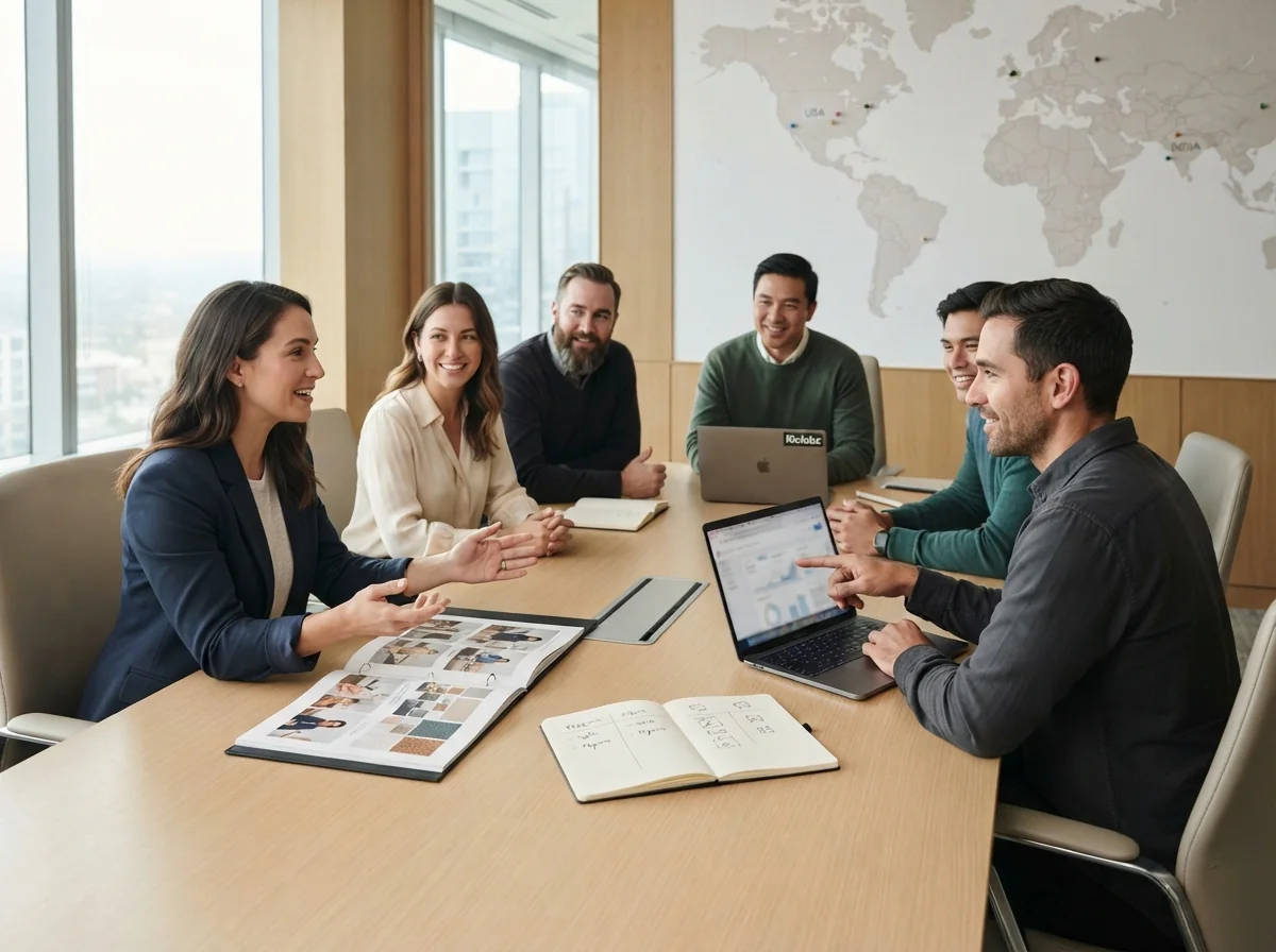 Business leaders in a modern conference room discussing a choice between digital marketing teams in the USA and India, with a world map in the background and laptops and notes on the table.
