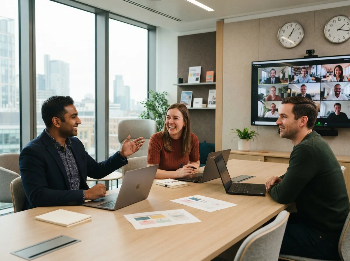 Hybrid in-person and remote marketing team in a modern meeting room discussing a campaign, with dual clocks on the wall suggesting different time zones and a collaborative international atmosphere.