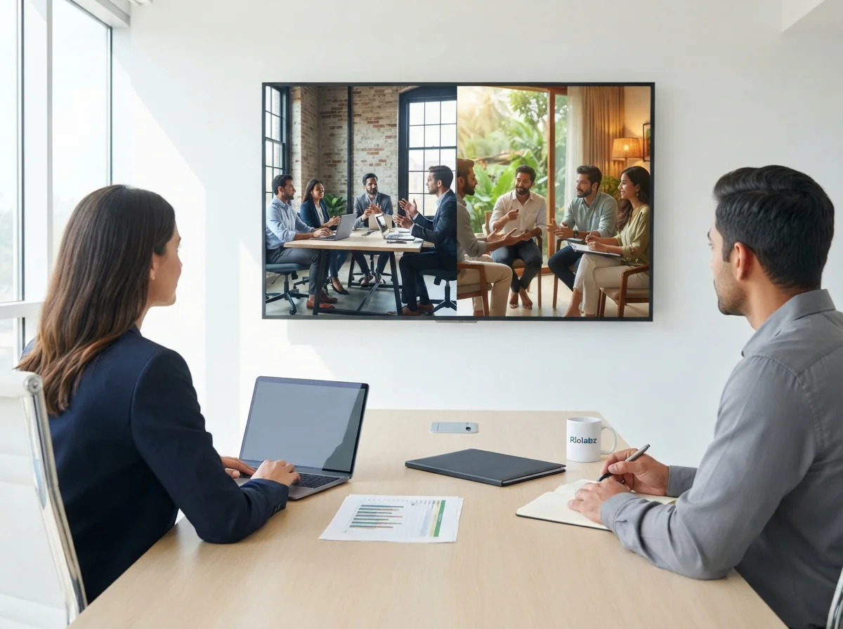 Global marketing leaders in a modern conference room on a video call with two teams, one in a US office and one in a Kerala office, comparing their digital marketing partnerships.