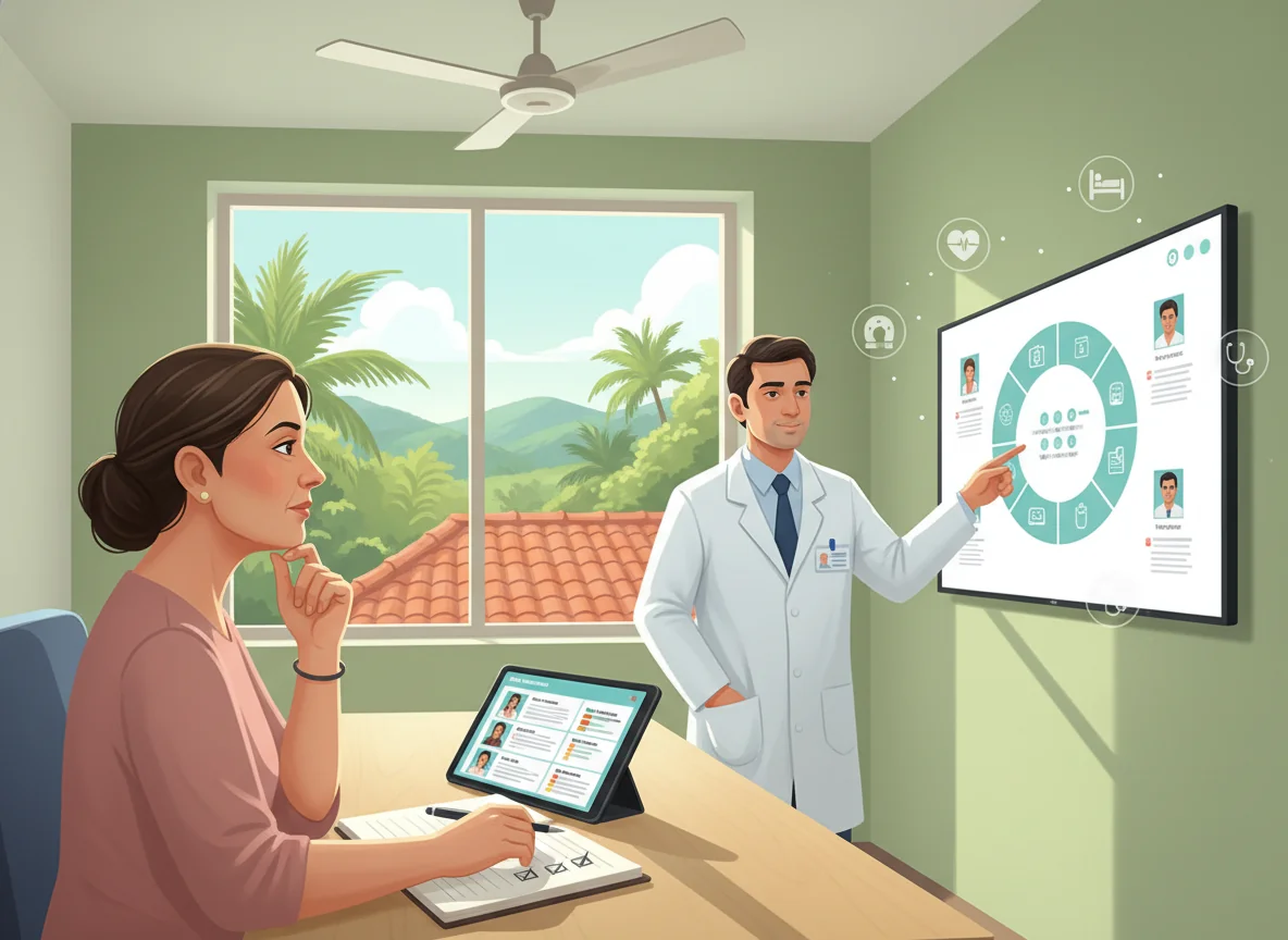 Patient in a Thodupuzha hospital consultation room comparing multiple specialist doctor profiles on a screen, guided by a doctor and a visual of several evaluation criteria on the wall.