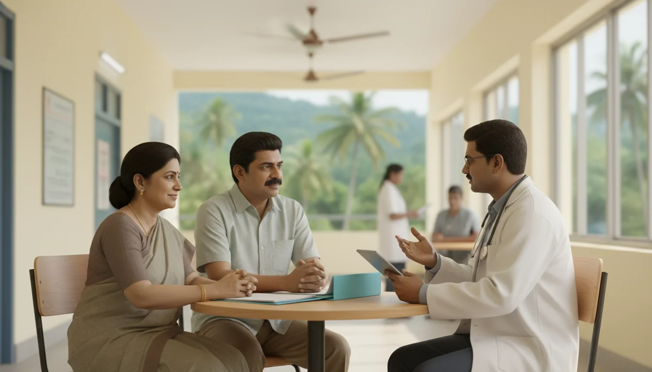 A South Indian couple consults with two doctors in a bright Thodupuzha hospital, symbolizing seeking a careful medical second opinion.