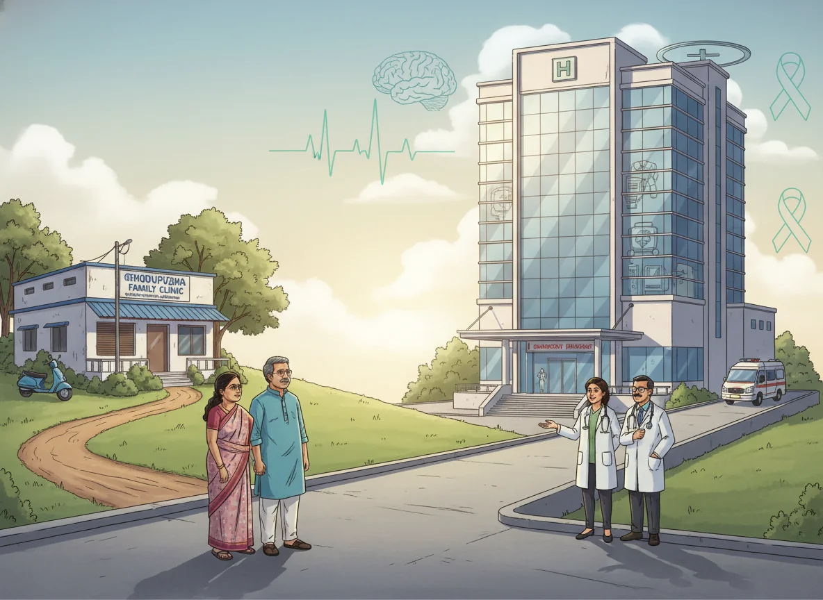 Illustrated scene of an Indian family standing at a crossroads deciding between a small local clinic and a large modern tertiary care hospital, with the advanced hospital depicted as brighter and more prominent.
