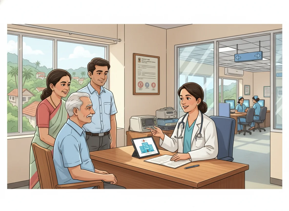 Illustrated scene of a family consulting a specialist doctor inside a modern, mid-sized hospital in a small Kerala town, with a framed accreditation certificate and clean, orderly facilities hinting at NABH-quality care.
