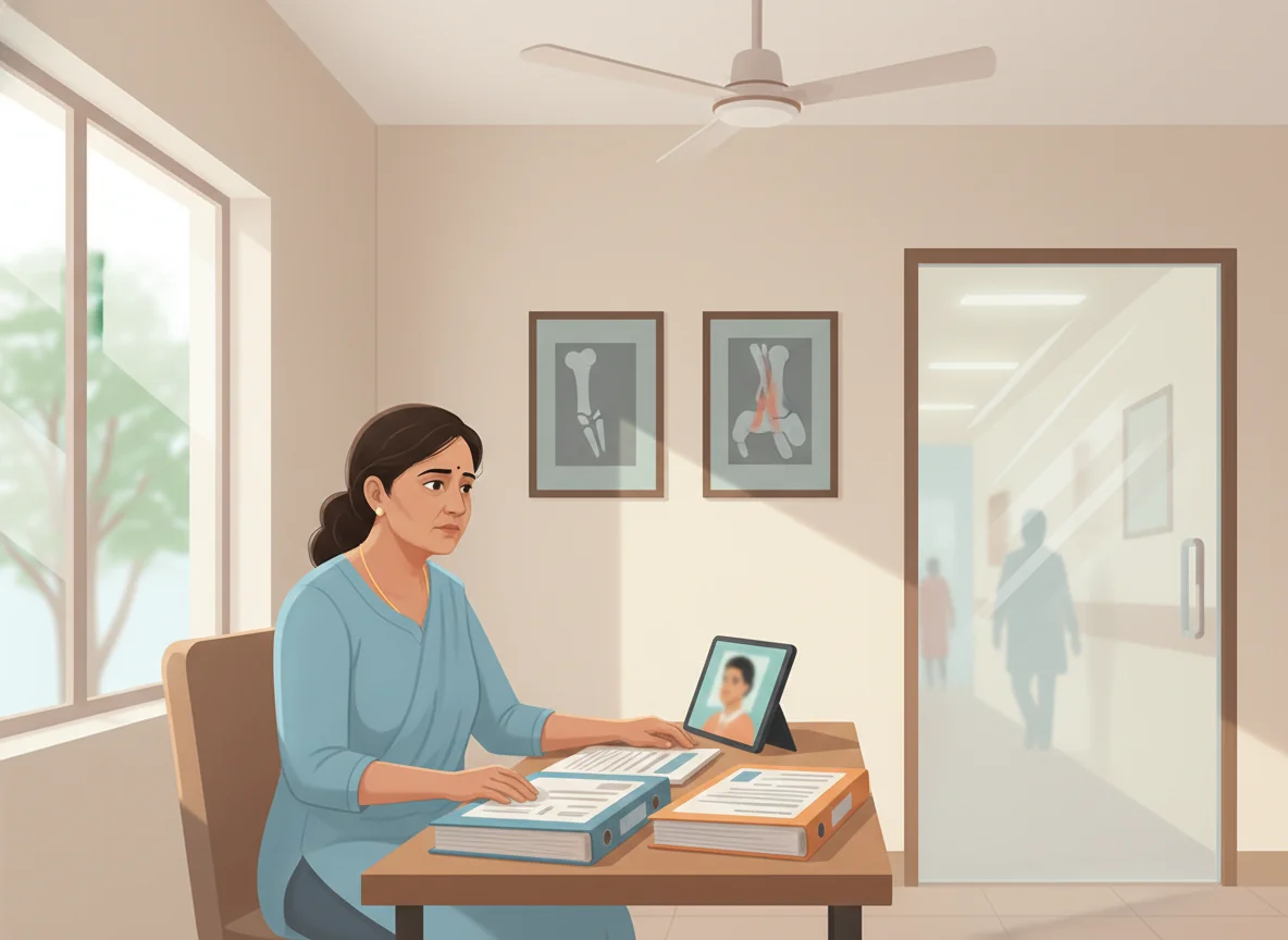 A patient in a modern consultation room thoughtfully comparing two medical files on a desk, with a blurred online doctor consultation on a laptop, symbolizing the choice to seek a second medical opinion.